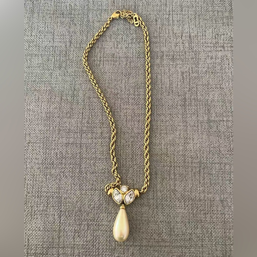 Vintage Christian Dior Marquise Rhinestone Pearl Drop Dangle Gold Chain Necklace - Picture 1 of 12
